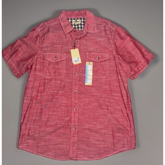 NWT‎ Woolrich Mens Cotton Short Sleeve Button Up Shirt Large Red Chest Pockets - Picture 1 of 6